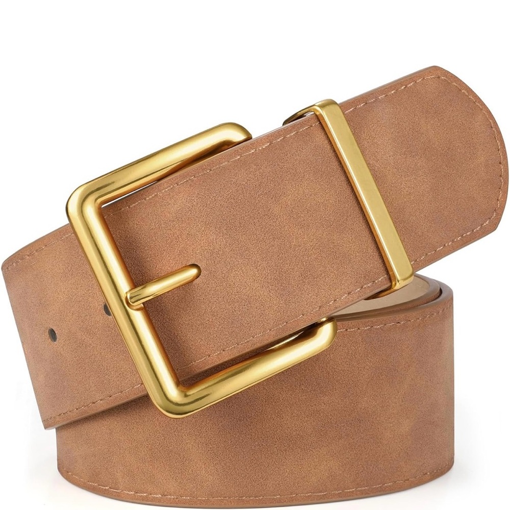 Amazon Women's Faux Suede Tan Belt with Gold Buckle
